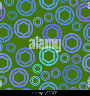 vector seamless pattern - blue circles and hexagons on green background Stock Vector