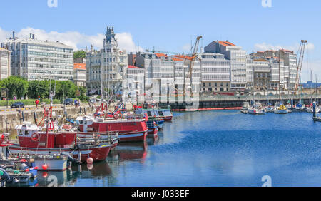 Docked boats in A Coruna harbour, Galicia, northern Spain, August-14-2014 Stock Photo