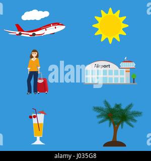 Collection of vacation symbols, airport, flying plane Stock Vector