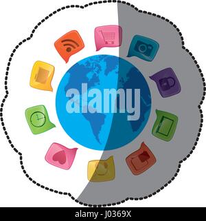 sticker small world map globe with square dialogue social icons Stock Vector