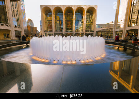 New York City, USA-April 2, 2017: View of Lincoln Center's Revson Fountain, probably the most recognizable destination for visitors and locals. Stock Photo