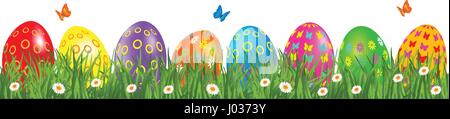 Easter eggs border with multicolored eggs in a grass with daisy and butterfly Stock Vector
