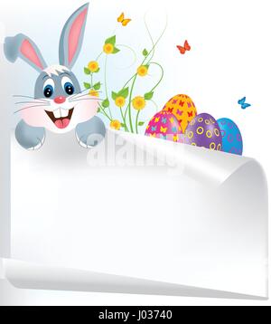 Easter greeting card with colorful eggs and bunny and place for text. Stock Vector