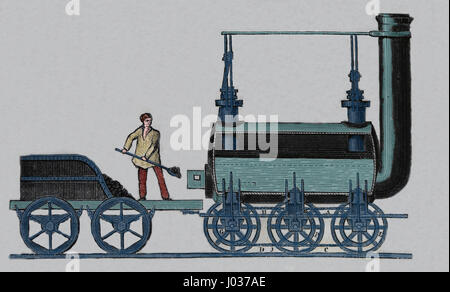 Stepherson's locomotive Blucher 1814. Engraving. Engraving, Nuestro Siglo, 1883. Spanish edition. Stock Photo