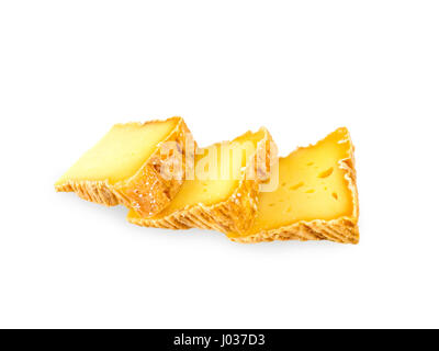 Three soft washed-rind cheese slices isolated on white Stock Photo