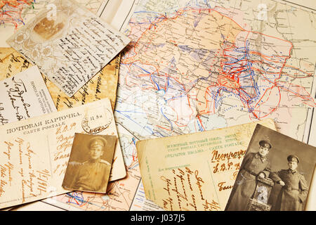 Postcards and the maps of battles of WW1 and Civil War in Russia 1918-1919, published in USSR,1947 Stock Photo