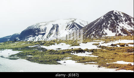 Misty Icelandic landscape with green moss growing on rocks and snowy mountains, South coast of Iceland Stock Photo