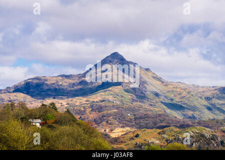 View to Cnicht mountain peak in Snowdonia National Park seen from south west at Pont Croesor in Glaslyn Valley, Gwynedd, North Wales, UK, Britain Stock Photo