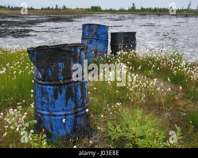 Dump of old oil barrels. environmental pollution Stock Photo