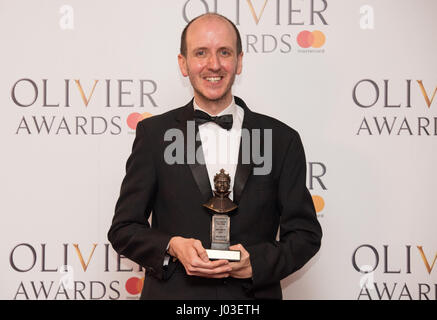 Jack Thorne with the award for Virgin Atlantic best new play at the Olivier Awards 2017, held at the Royal Albert Hall in London. Stock Photo