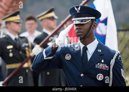 American Honor Guard at the ceremony for the fallen US fighter plane in World War II at the Andraz nad Polzelo, Slovenia on April 8, 2017. (Photo by: Rok Rakun/Pacific Press) Stock Photo