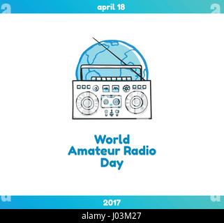 World Amateur Radio Day, April 18. Vector illustration with globe and radio. Hand drawn sketchy illustration Stock Vector