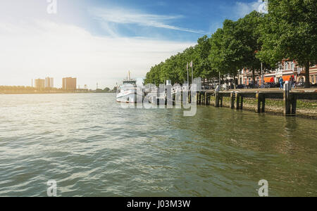 Rotterdam, Netherlands – August 18, 2016: Motorboat docked along the quay in Rotterdam. Stock Photo
