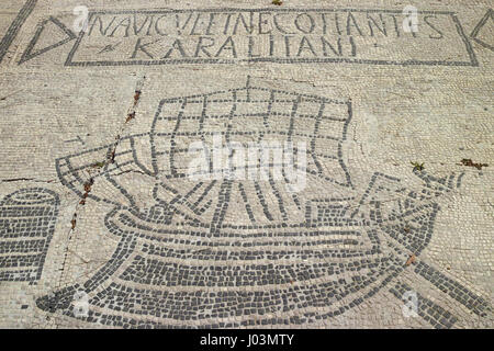 Rome. Italy. Ostia Antica. Mosaic of Roman merchant grain ship from Cagliari, Sardinia, 1st/ 2nd century AD, on Piazzale delle Corporazioni
