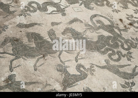 Rome. Italy. Ostia Antica. Mosaic of Neptune, floor decoration in the Baths of Neptune. Mosaico di Nettuno, Terme di Nettuno. Stock Photo