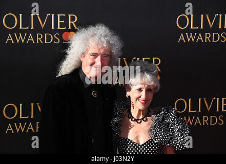 Brian May and Anita Dobson attending the Olivier Awards 2017, held at the Royal Albert Hall in London. PRESS ASSOCIATION Photo. See PA story SHOWBIZ Oliviers. Picture date: Sunday April 9, 2017. Photo credit should read: Chris J Ratcliffe/PA Wire Stock Photo