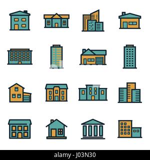 Vector flat buildings icons set on white background Stock Vector