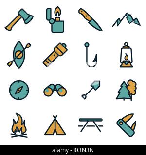 Vector flat camping icons set on white background Stock Vector