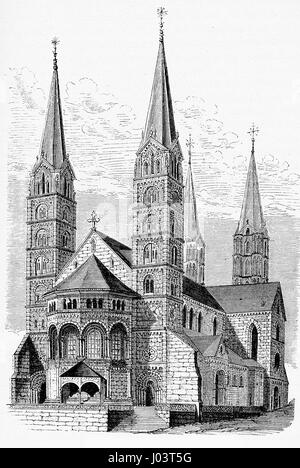 Antique engraving of Bamberger Dom St. Peter und St. Georg, Bamberg - Germany cathedral built in XIII century in Romanesque and Gothic style