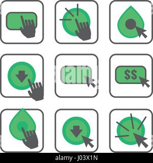 Call to Action Icon Graphics with Buttons, Clicking Hand and Pointers, & Dollar Signs Stock Vector