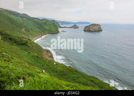 Panoramic view of Basque Country coastline and San Juan de Gaztelugatxe, northern Spain Stock Photo