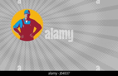 Business card showing Illustration of an organic farmer wearing hat and overalls with hands on hips akimbo facing front set inside circle  done in ret Stock Photo