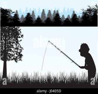 Silhouette of the fisherman on river Stock Vector