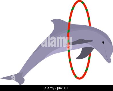 Dolphin jumping through a ring. Cartoon, flat. Vector. Stock Vector
