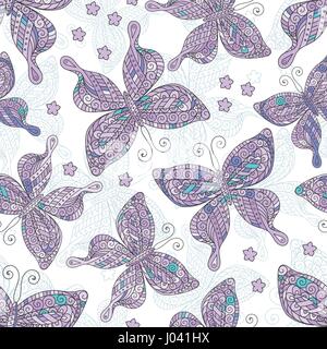 Seamless patterns with butterflies. Various butterflies and flowers on white background. Stock Vector