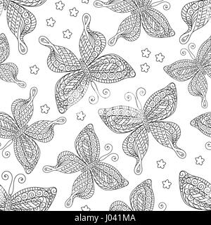 Butterflies seamless pattern, monochrome, coloring book, black and white illustration in boho style, hippie, bohemian. Black and white butterfly wings on a white background. Exotic Insect. Textile Stock Vector