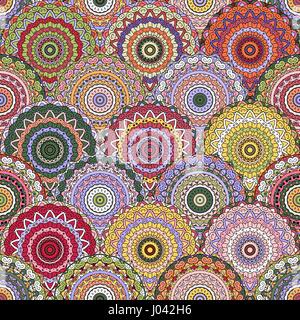 Vector boho chic flower seamless pattern. Elegant floral background for wallpaper, gift paper, fabric print, furniture, curtains. Mandala design element. Unusual flourish ornament. Blue, green, yellow Stock Vector