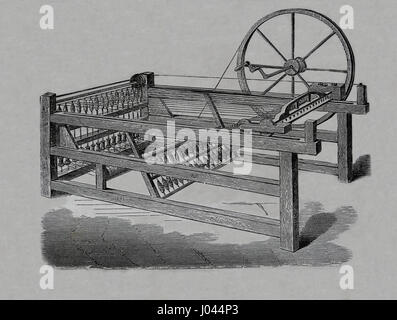 Industrial revolution. Hargreaves's spinning-jenny, invented in the 1760s. Engraving, Nuestro Siglo, 1883. Spanish edition. Stock Photo