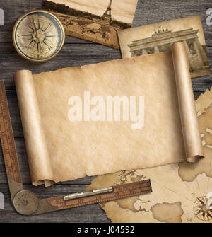 Old map background with compass. Adventure and travel concept. 3d illustration. Stock Photo