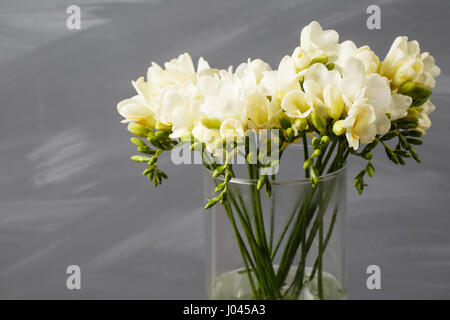 White freesia flowers in decorative vase on a background of gray wall Stock Photo