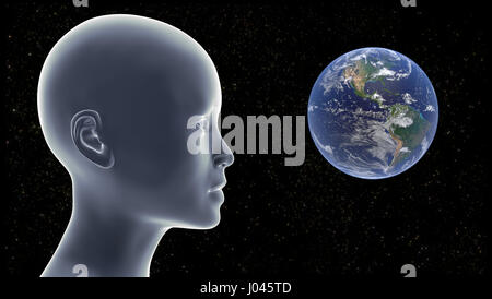 beautiful young girl looking at planet Earth in front of a starry universe (conceptual 3d illustration on a black background, elements of this image a Stock Photo