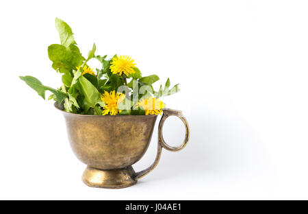 Yellow dandelion flowers in a vintage copper cup isolated Stock Photo