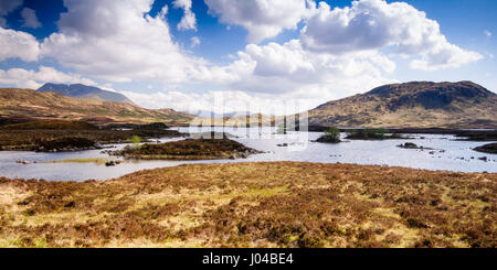 The lakes of Lochan na h-Achlaise on the vast peat bogs of Rannoch Moor in the remote West Highlands of Scotland. Stock Photo