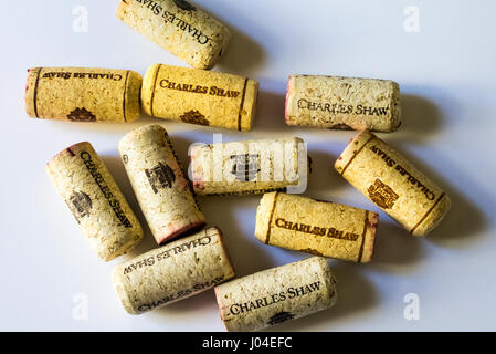 Corks from bottles of Trader Joe's three buck chuck wine Stock Photo