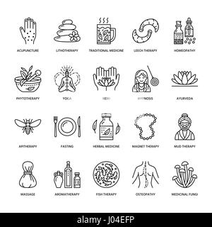 Alternative medicine line icons. Naturopathy, traditional treatment, homeopathy, osteopathy, herbal fish and leech therapy. Thin linear signs for health care center Stock Vector