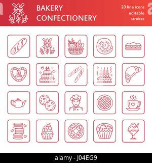 Bakery, confectionery line icons. Sweet shop products - cake, croissant, muffin, pastry, cupcake, pie Food thin linear signs Stock Vector