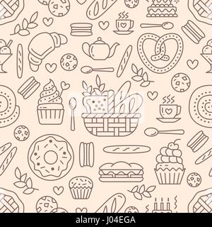 Bakery seamless pattern, food vector background of beige color. Confectionery products thin line icons - cake, croissant, muffin, pastry, cupcake, pie. Cute repeated illustration for sweet shop Stock Vector