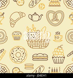 Bakery seamless pattern, food vector background of beige color. Confectionery products thin line icons - cake, croissant, muffin, pastry, cupcake, pie. Cute repeated illustration for sweet shop Stock Vector