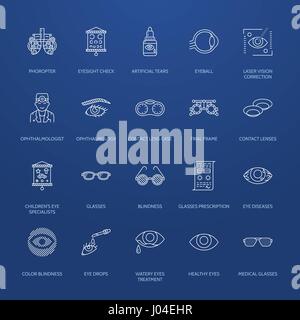Ophthalmology, eyes health care line icons. Optometry equipment, contact lenses, glasses, blindness. Vision correction thin linear signs for oculist clinic Stock Vector