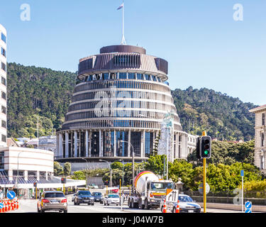 The Beehive, the parliamentary offices of New Zealand's government, and Whitmore Street, Wellington.