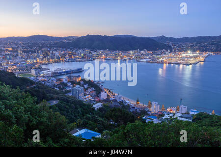 Wellington, New Zealand, from Mount Victoria, at twilight. Stock Photo