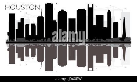 Houston City skyline black and white silhouette with reflections. Vector illustration. Simple flat concept for tourism presentation, banner, placard Stock Vector