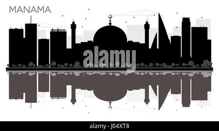 Manama City skyline black and white silhouette with reflections. Vector illustration. Simple flat concept for tourism presentation, banner, placard Stock Vector