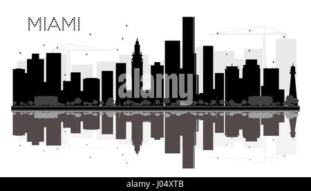Miami City skyline black and white silhouette with reflections. Vector illustration. Simple flat concept for tourism presentation, banner, placard Stock Vector