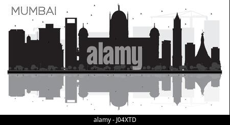 Mumbai City skyline black and white silhouette with reflection. Vector illustration. Simple flat concept for tourism presentation, banner, placard Stock Vector