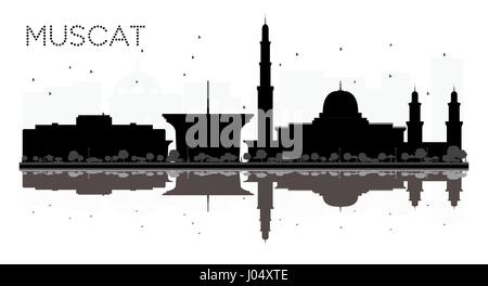 Muscat City skyline black and white silhouette with reflections. Vector illustration. Simple flat concept for tourism presentation, banner, placard Stock Vector